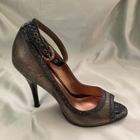 Carlos Santana Black Brass Ankle Strap Leather Peep Toe Pumps Size 6 - Picture 1 of 16
